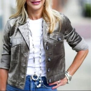 CABi Sunday‎ Topper Gray/Brown Velvet Button Front Cropped Blazer| Jacket Size M